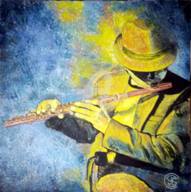 Painting titled "joueur-de-flute. n°…" by Jean Claude Ciutad-Savary, Original Artwork, Oil Mounted on Wood Stretcher frame
