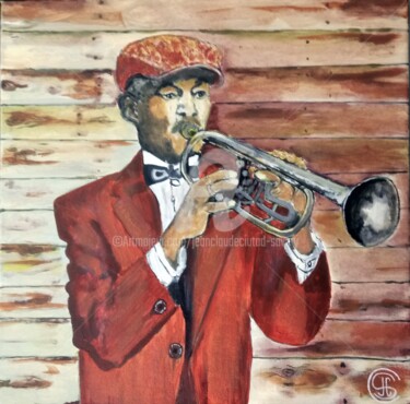 Painting titled "la-trompette-vintag…" by Jc C-S ' Art, Original Artwork, Oil Mounted on Wood Stretcher frame