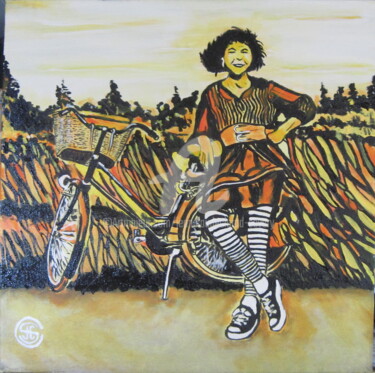 Painting titled "Vélo des  champs n:…" by Jc C-S ' Art, Original Artwork, Oil Mounted on Wood Stretcher frame