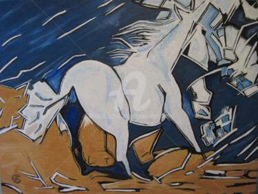 Painting titled "CHEVAL BLANC AN 21" by Jean Claude Ciutad-Savary, Original Artwork, Oil Mounted on Cardboard