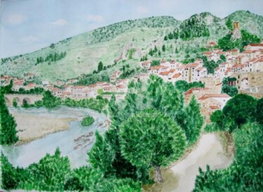 Peinture intitulée "Roquebrun été 2010" par Jean Claude Ciutad-Savary, Œuvre d'art originale, Aquarelle