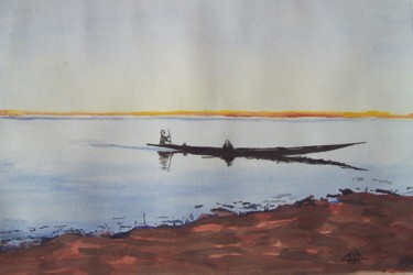 Painting titled "pirogue-sur-le-nige…" by Gaïd, Original Artwork, Gouache