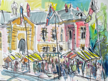 Rambouillet 7 - Place de la Libération Peinture intitulée "Rambouillet 7 - Pla…" par Jean-François Groisy, Œuvre d'art originale, Gouache