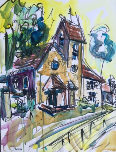 Painting titled "Vieille-Eglise 44" by Jean-François Groisy, Original Artwork, Gouache