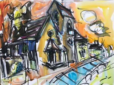 Painting titled "Vieille-Eglise 60" by Jean-François Groisy, Original Artwork, Gouache