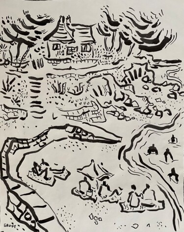 "La plage de Kerhost…" başlıklı Tablo Jean-François Groisy tarafından, Orijinal sanat, Mürekkep