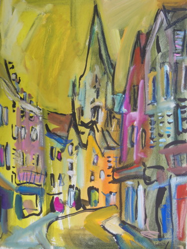 Картина под названием "Chartres 3 - Rue de…" - Jean-François Groisy, Подлинное произведение искусства, Гуашь