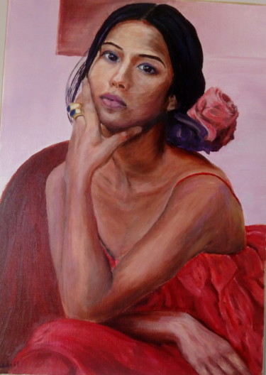 Peinture intitulée "jeune femme au chou…" par Jeanine Adell, Œuvre d'art originale, Huile
