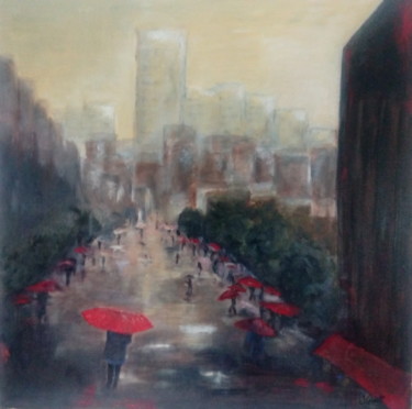 Painting titled "parapluie rouge" by Jeanine Adell, Original Artwork
