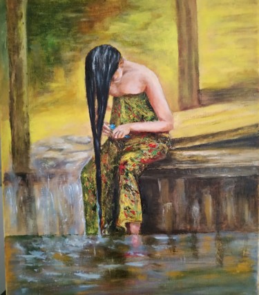 Painting titled "Femme au lavoir" by Jeanine Adell, Original Artwork, Oil