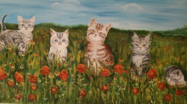 Painting titled "chats dans la nature" by Jeanine Adell, Original Artwork, Oil Mounted on Wood Stretcher frame