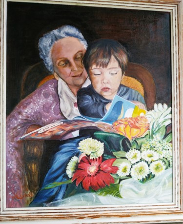 Painting titled "Grand mamie fétant…" by Jeanine Adell, Original Artwork, Oil