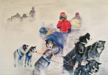Painting titled "coureurs de fond ve…" by Jeanine Adell, Original Artwork, Oil Mounted on Wood Stretcher frame