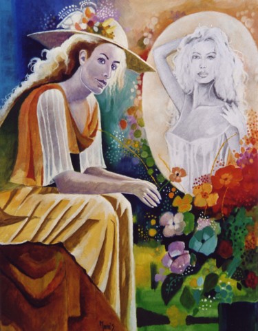 Peinture intitulée "Fille au miroir" par Marès, Œuvre d'art originale, Huile