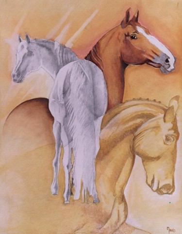 Peinture intitulée "Trio de chevaux" par Marès, Œuvre d'art originale, Huile