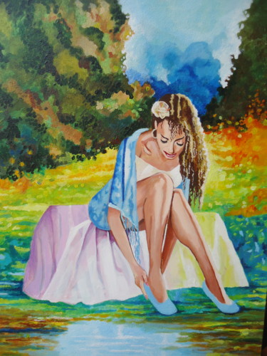 la jeune fille romantique au bord de la rivière Peinture intitulée "la jeune fille ro…" par Marès, Œuvre d'art originale, Acrylique