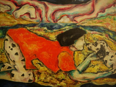 Painting titled "UN AMOUR DE CHIEN" by Jean-Marc Gayraud, Original Artwork, Oil Mounted on Wood Stretcher frame