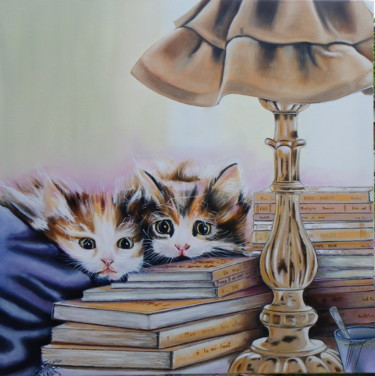 Painting titled "Chats que j'aime le…" by Jean-Marc Moisy, Original Artwork, Oil Mounted on Wood Stretcher frame