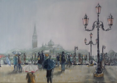 Painting titled "Venise sous la pluie" by Jean-Marc Moisy, Original Artwork, Oil Mounted on Wood Stretcher frame