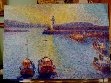 Peinture intitulée "port breton" par Jean-Michel Coriou, Œuvre d'art originale, Huile