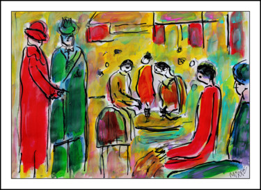 Pintura intitulada "Terrasse de café d'…" por Jean Mirre, Obras de arte originais, Óleo