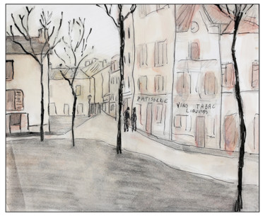 Peinture intitulée "Place de village,Fr…" par Jean Mirre, Œuvre d'art originale, Encre