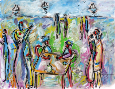 Malerei mit dem Titel "BEACH PARTY" von Jean Mirre, Original-Kunstwerk, Öl