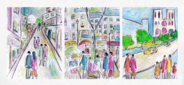 Painting titled "TRIPTYQUE TOURISTES…" by Jean Mirre, Original Artwork, Oil