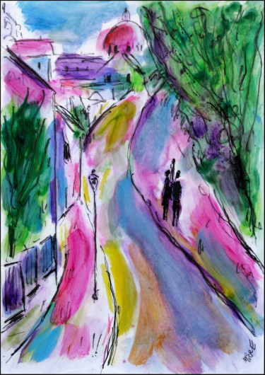 Painting titled "IDEALIZED MONTMARTRE" by Jean Mirre, Original Artwork, Ink