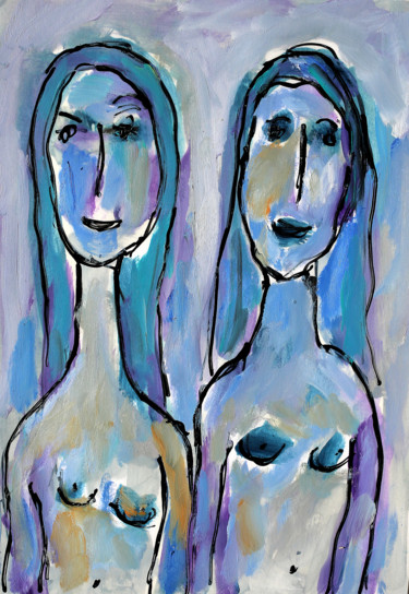 Schilderij getiteld "TURQUOISE GIRLS" door Jean Mirre, Origineel Kunstwerk, Olie