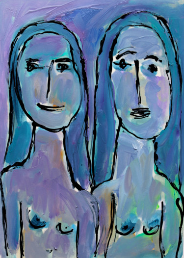 Malerei mit dem Titel "BLUE LADIES" von Jean Mirre, Original-Kunstwerk, Öl