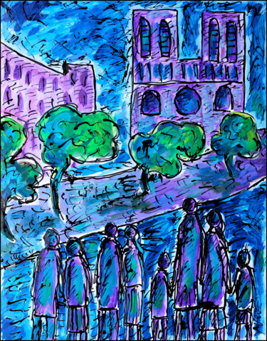 Painting titled "DRAME à NOTRE-DAME" by Jean Mirre, Original Artwork, Ink