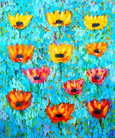 「Meadow flowers」というタイトルの絵画 Jean Mirreによって, オリジナルのアートワーク, オイル ウッドストレッチャーフレームにマウント