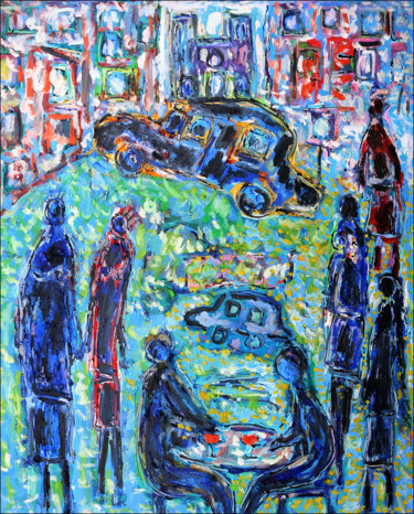 Painting titled "Salon de l'Auto" by Jean Mirre, Original Artwork, Oil Mounted on Wood Stretcher frame