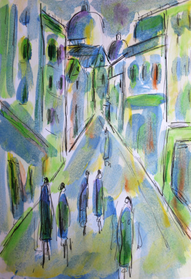 Painting titled "Montmartre et gens" by Jean Mirre, Original Artwork, Oil