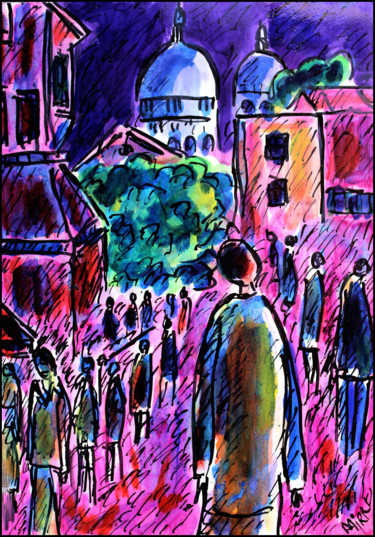 Painting titled "Walking in Montmart…" by Jean Mirre, Original Artwork, Oil