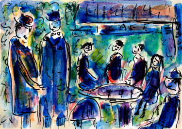 "Famille au café" başlıklı Tablo Jean Mirre tarafından, Orijinal sanat, Petrol