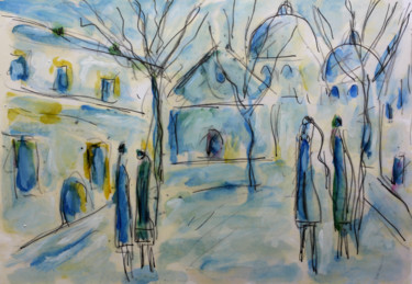 Peinture intitulée "Place de village" par Jean Mirre, Œuvre d'art originale, Huile