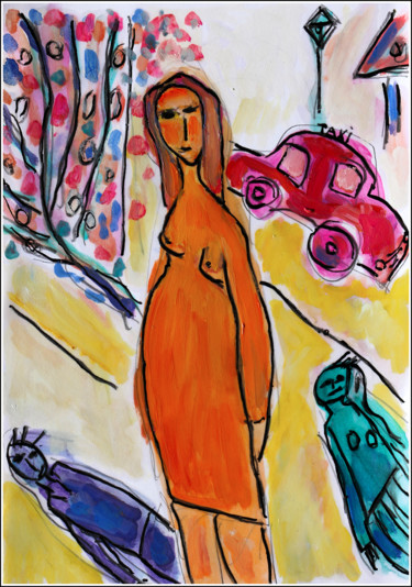 Painting titled "Femme au Taxi" by Jean Mirre, Original Artwork, Oil