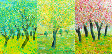 Painting titled "TRIPTYQUE ARBRES ET…" by Jean Mirre, Original Artwork, Oil