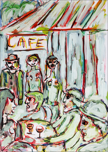 Peinture intitulée "Café déconfiné" par Jean Mirre, Œuvre d'art originale, Huile