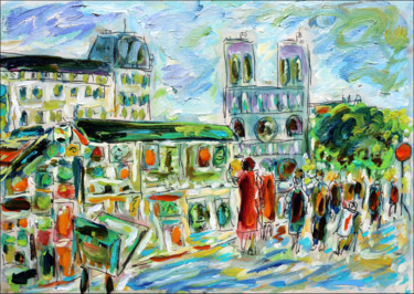 Painting titled "Les bouquinistes" by Jean Mirre, Original Artwork, Oil