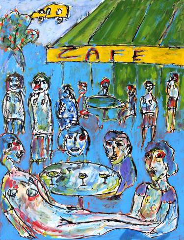 Malerei mit dem Titel "Café Pigalle" von Jean Mirre, Original-Kunstwerk, Öl