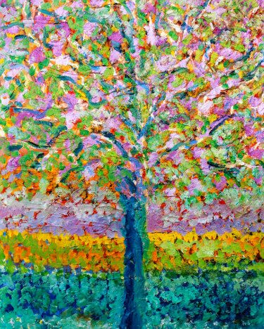 Painting titled "Arbre mauve" by Jean Mirre, Original Artwork, Oil Mounted on Wood Stretcher frame