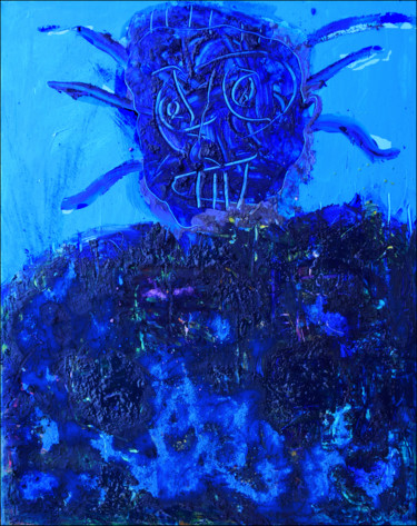 Schilderij getiteld "2020 Blue" door Jean Mirre, Origineel Kunstwerk, Olie Gemonteerd op Frame voor houten brancard