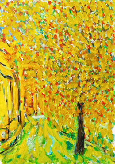 Painting titled "Yellow courtyard" by Jean Mirre, Original Artwork, Oil