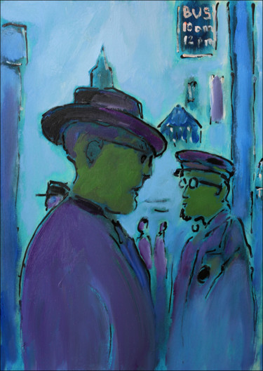 Malerei mit dem Titel "Bus Stop" von Jean Mirre, Original-Kunstwerk, Öl