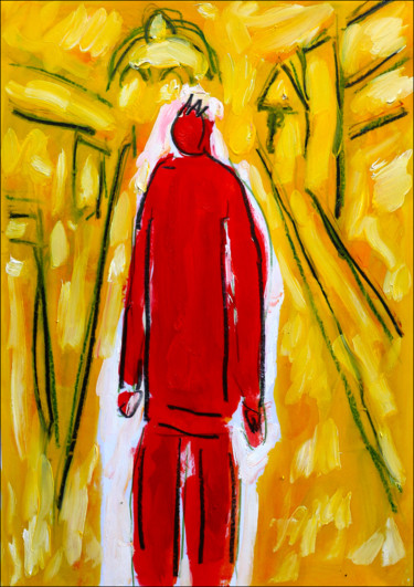 Schilderij getiteld "Homme et ville" door Jean Mirre, Origineel Kunstwerk, Olie