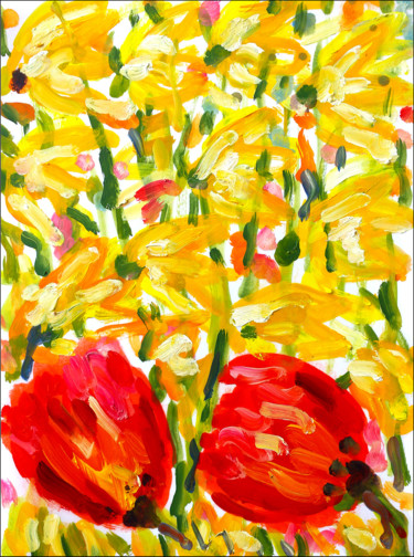 Painting titled "Tulipes et jonquill…" by Jean Mirre, Original Artwork, Oil