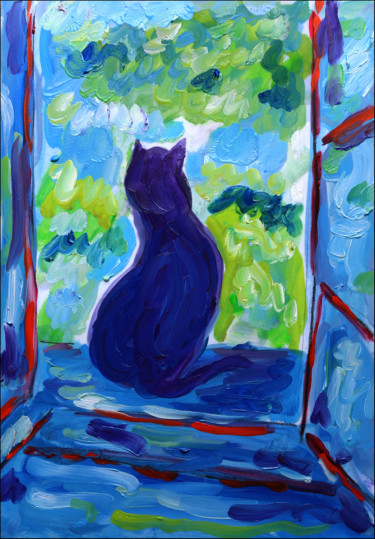 Painting titled "Neige, my blue cat" by Jean Mirre, Original Artwork, Oil